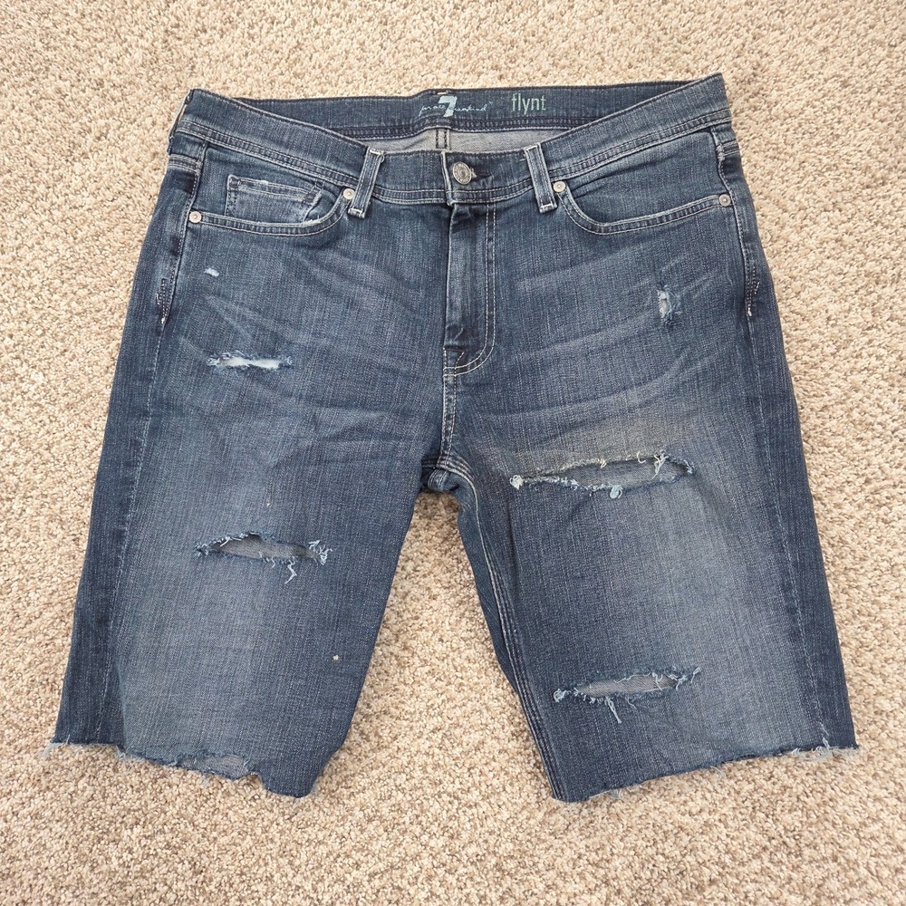 7 For All Mankind Cutoff Burmuda Jean Shorts Size 32 Distressed Ripped Dark Wash